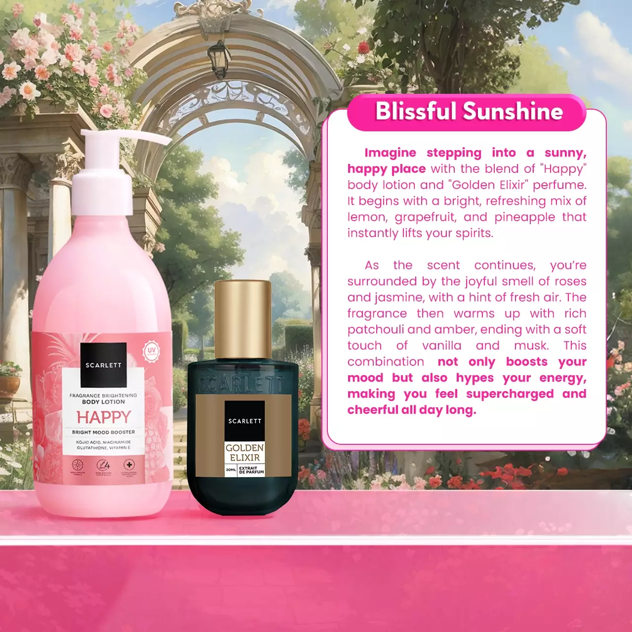 Scarlett Whitening SCENT-SATIONAL DUO - Sunshine Bliss (Body Lotion Happy Booster + Parfum Golden Elixir)