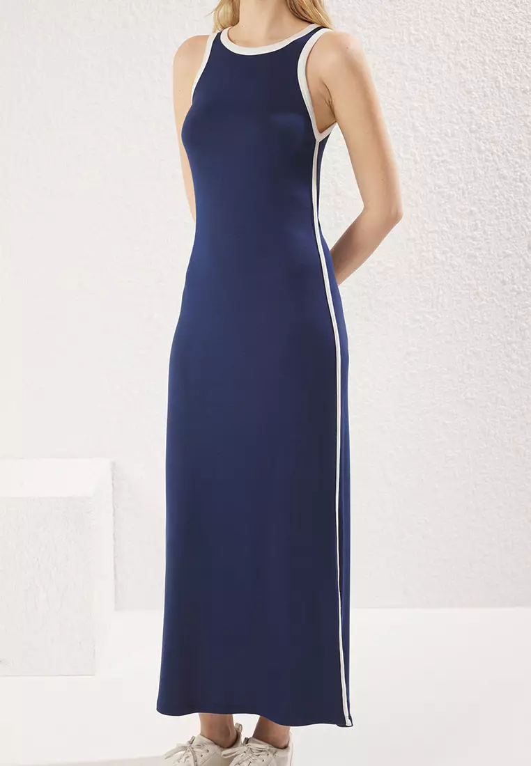 Navy Blue Color Block Piping Detail Slit Soft Fabric Maxi Stretch Knit Dress