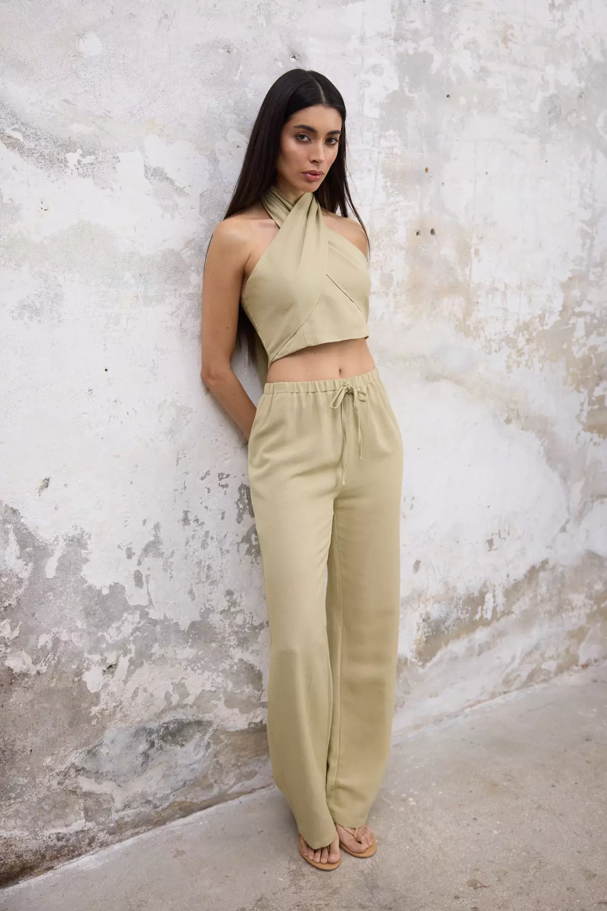 Light Khaki Linen Woven Blouse Trousers Top-Bottom Set TWOSS25AU00108