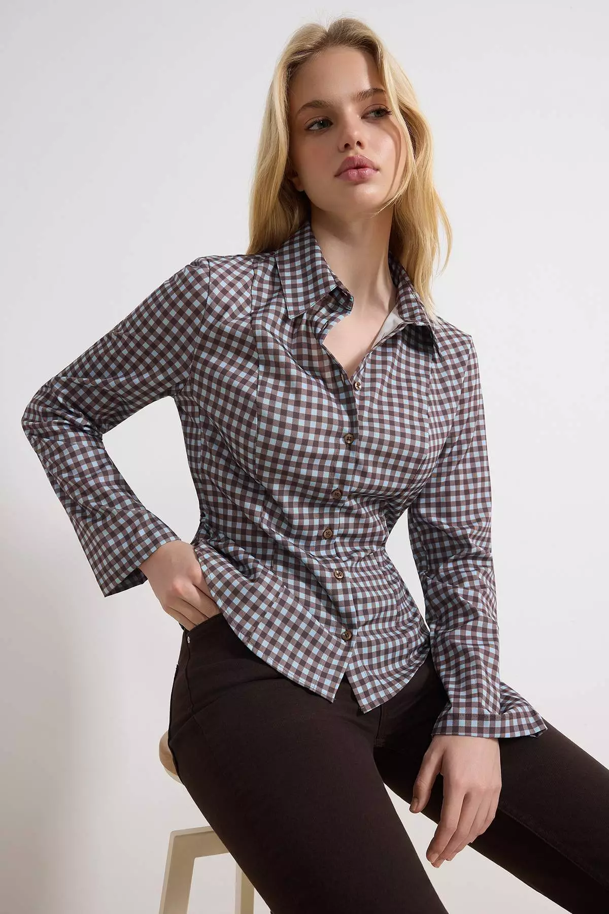 Blue-Multicolor Checkered Waist Adjustable Lightweight Waist-Fitting Wide Sleeves Shirt Twoaw26Go13