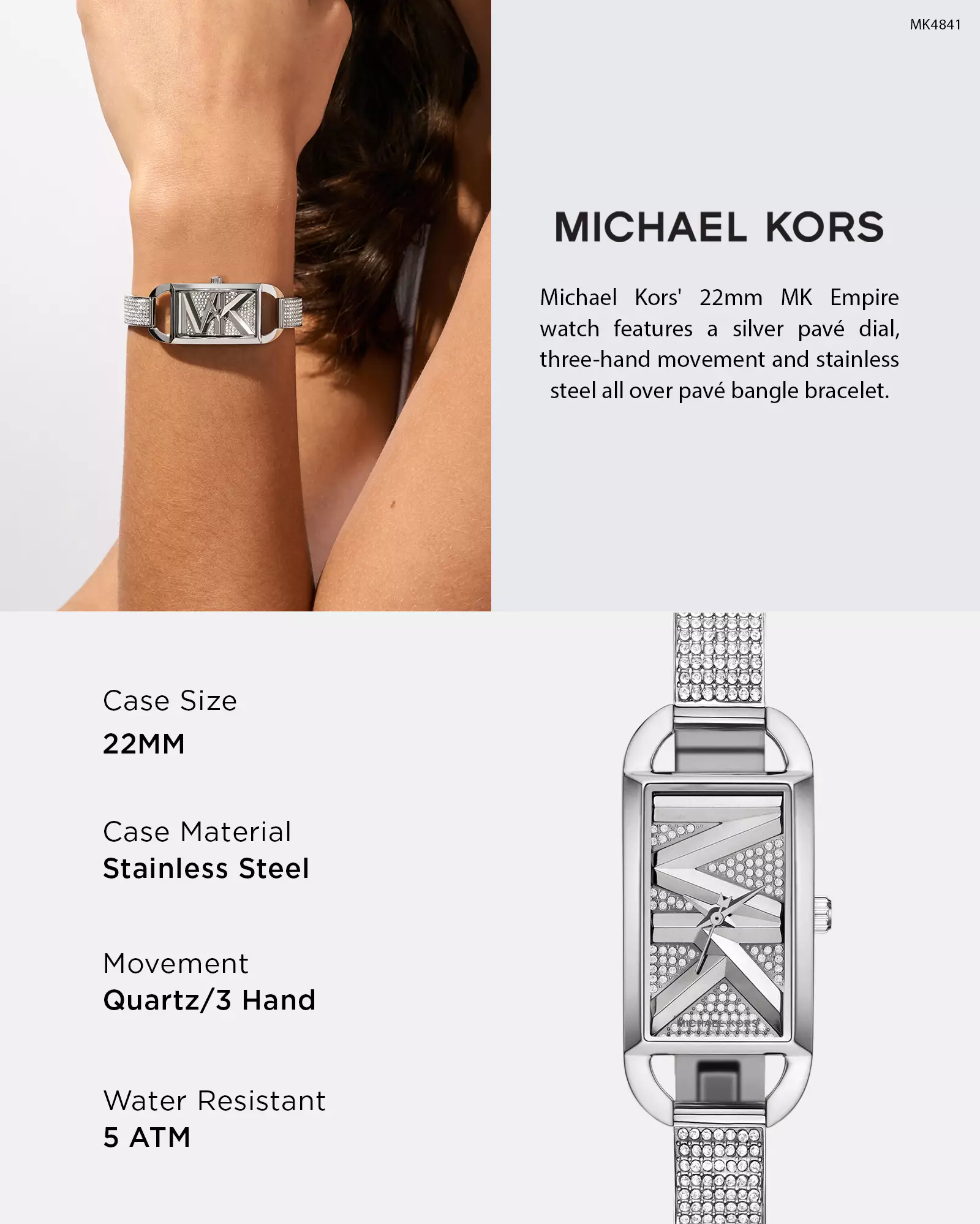 Michael Kors Women's Mk Empire Analog Watch ( MK4841 ) - Quartz, Silver Case, Retangle Dial, 10 MM Silver Stainless Steel Band