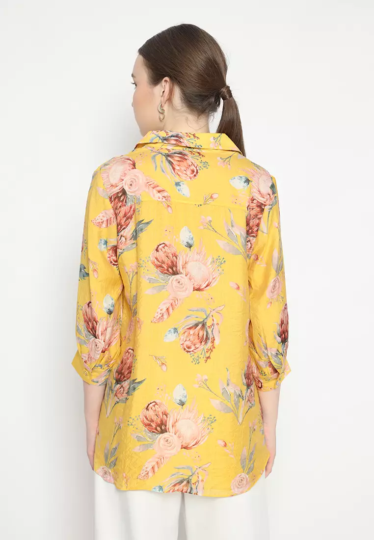 Blouse V Neck Floral Motif In Yellow By Brilliant Girl Warna KUNING
