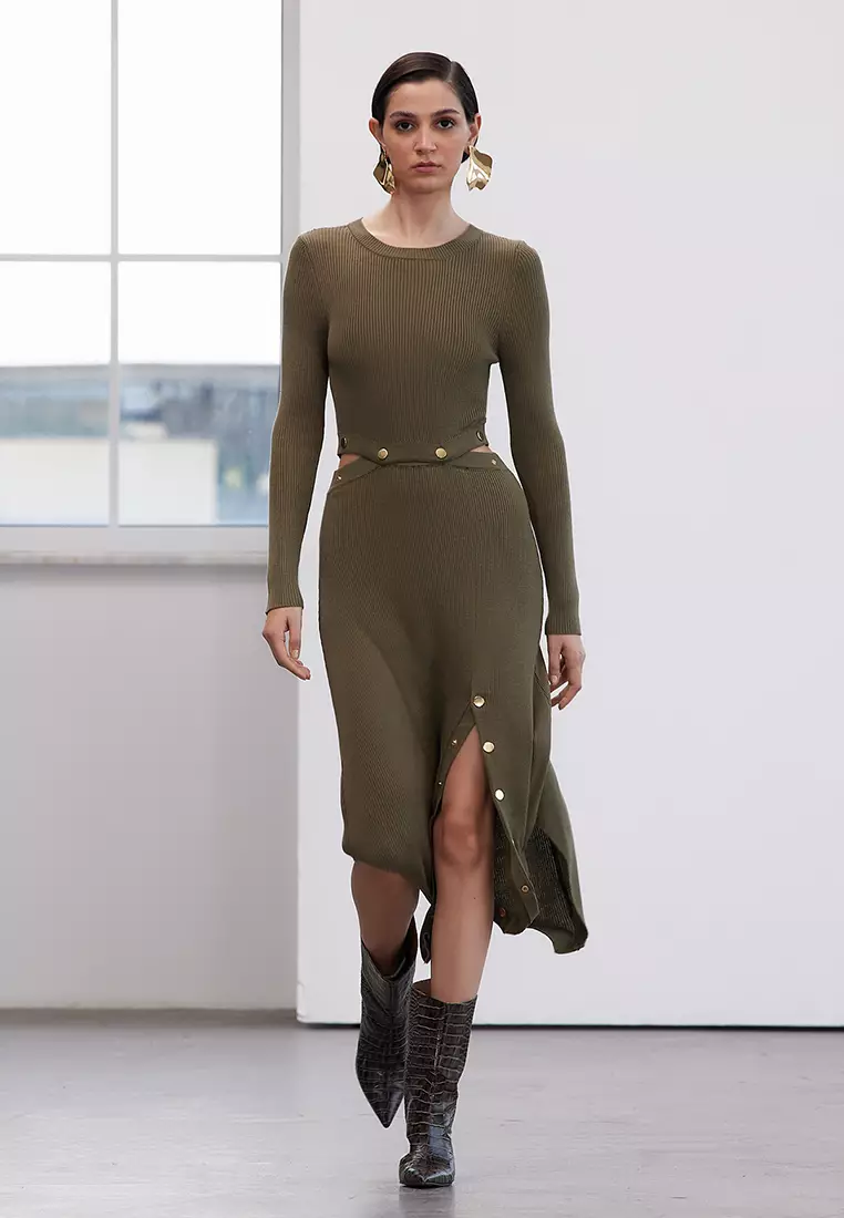 Limited Edition Khaki Mercerized Look Midi Knitted Snap Detail Dress TWOAW25EL00363