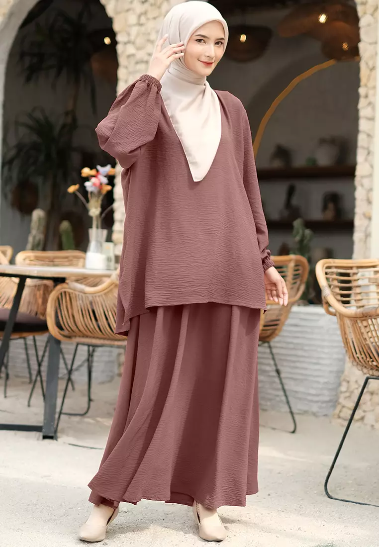 JV Hasanah Set Rok Baju Kurung Selena Mauve | Setelan Rok Crinkle Jumbo Busui