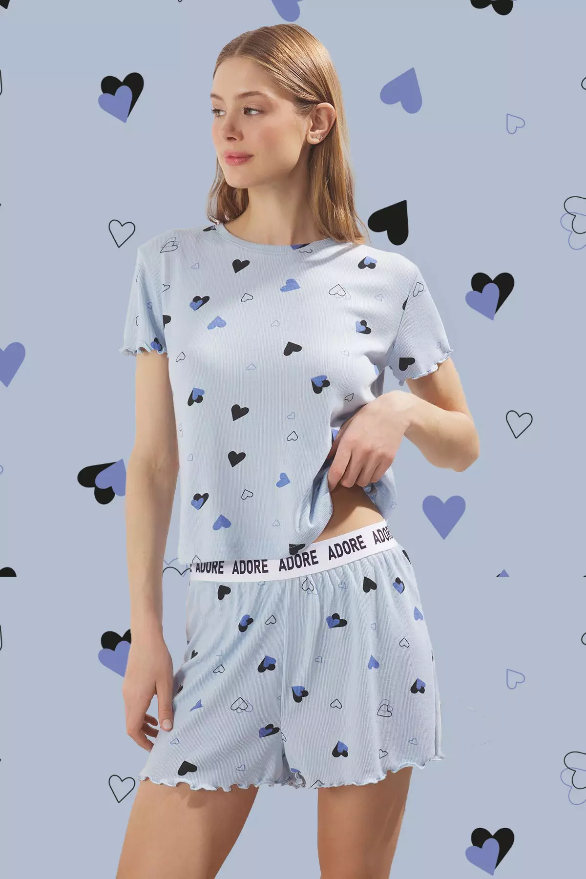Blue Heart Slogan Printed Elastic Ribbed Shorts and Knitted Pajama Set THMSS24PT00220