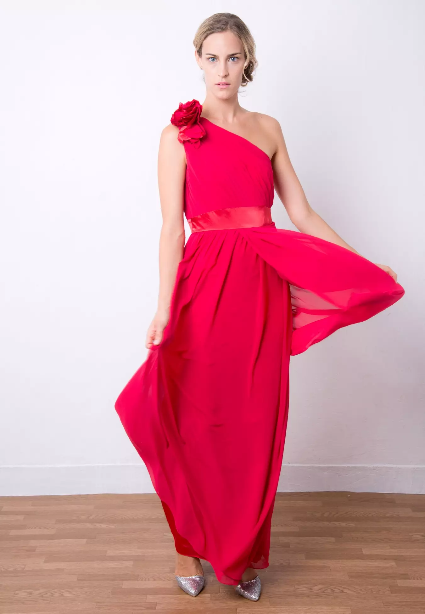 Calvin klein pearl neck new arrivals ruffle draped evening gown