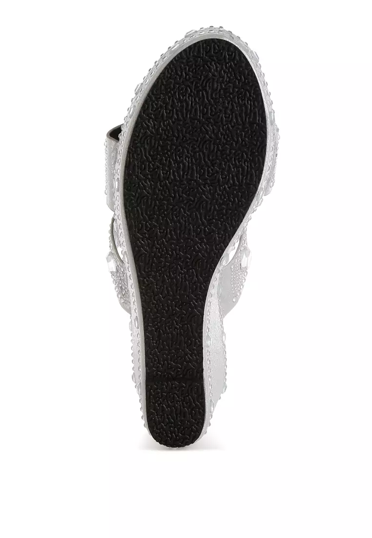 Rhinestone & Diamante Wedge Sandals in Silver