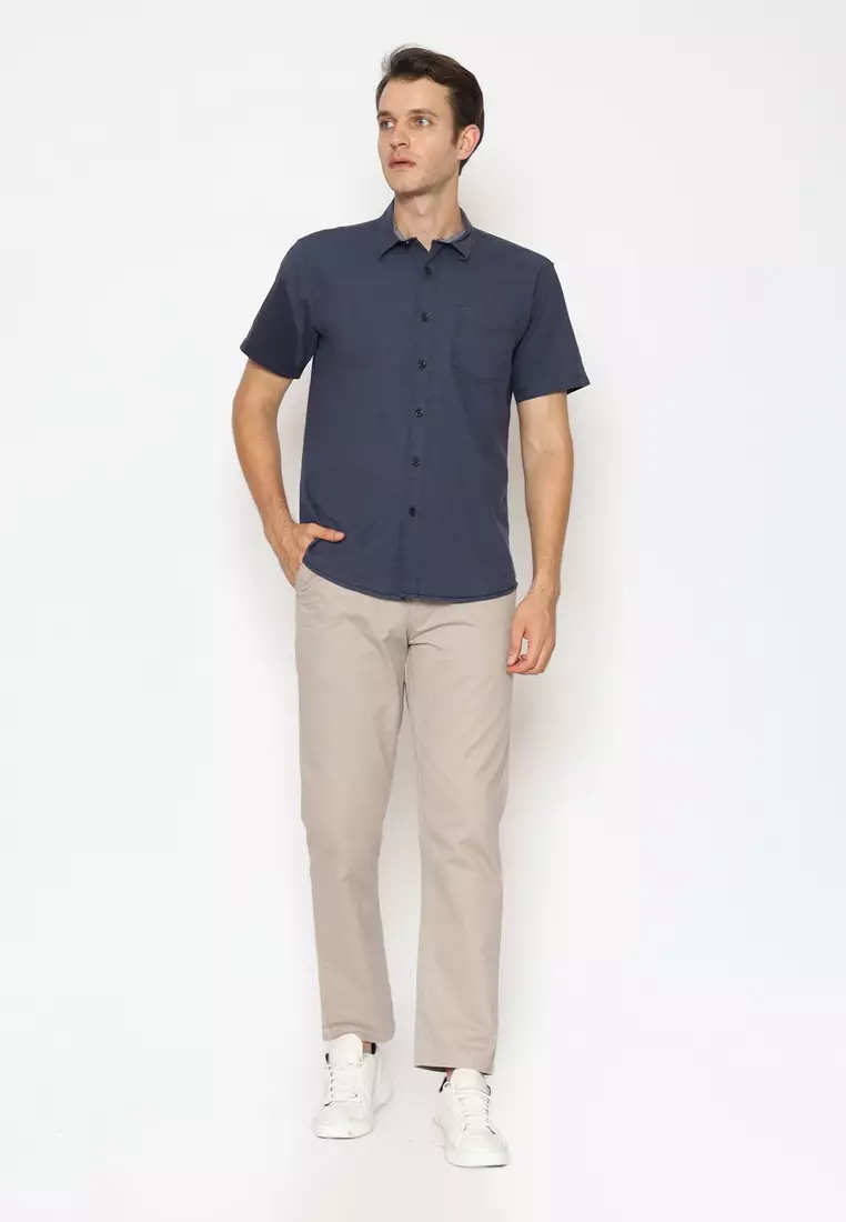 POLICE Kemeja Polos Cotton Slub Navy Regular Fit Pria