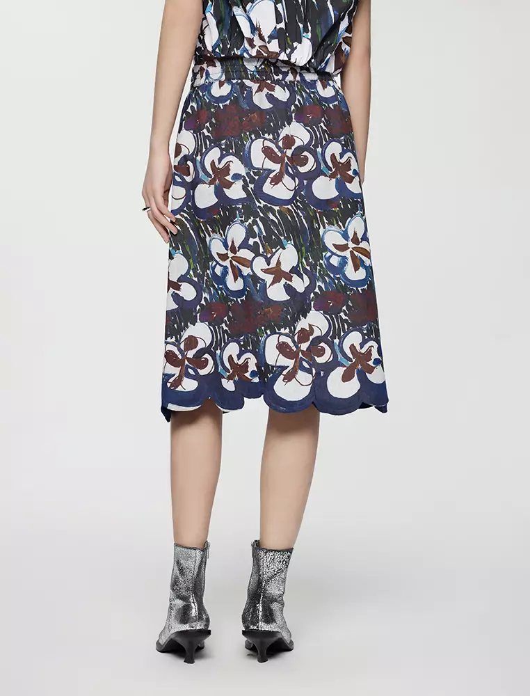 A-Line Printed Midi Waist Skirt