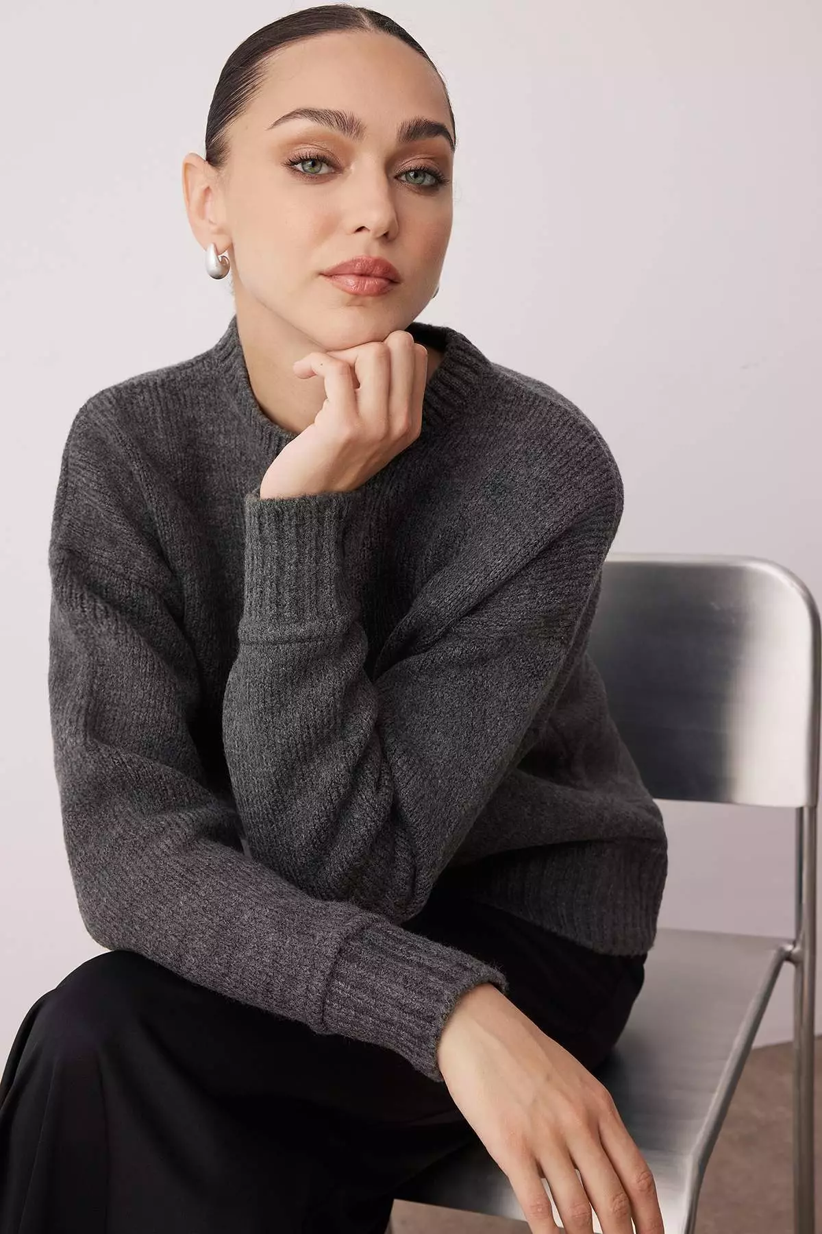 Anthracite Soft Textured Wide Fit Stitch Detail Knitwear Sweater