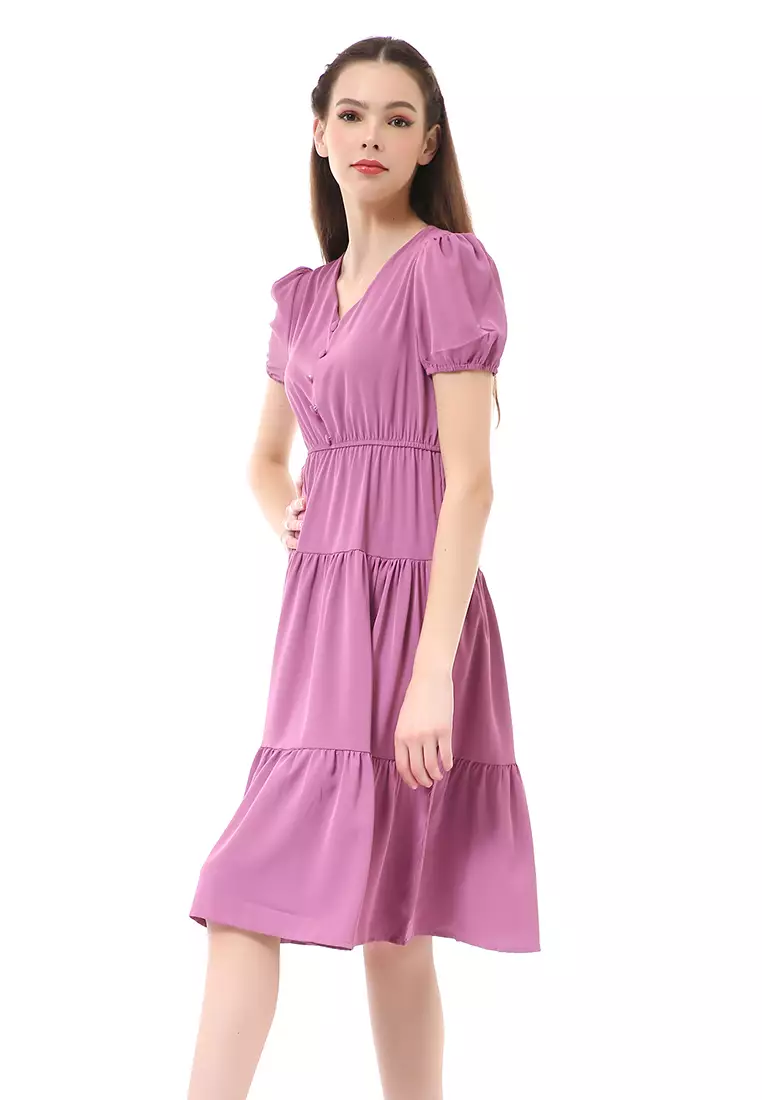 Rachel Ruffle Dress Wanita Lengan Pendek Motif Polos Material Ployester ORIGINAL - Purple