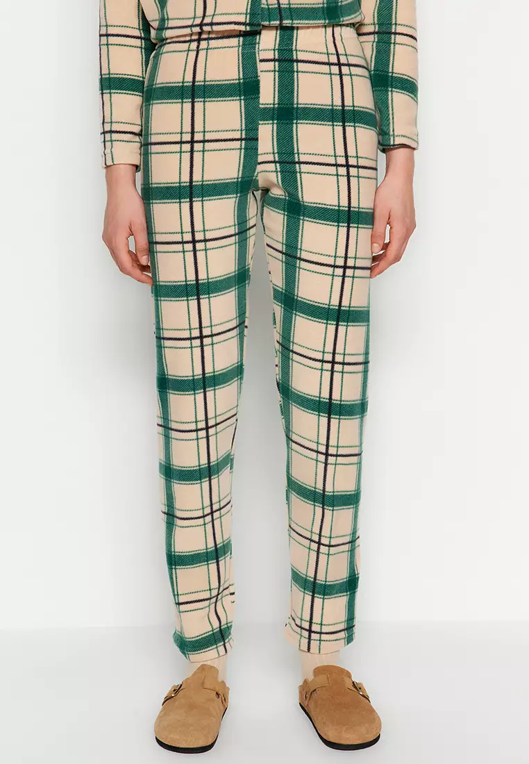 Green Embroidered Plaid Polar Fleece Winter Knitted Pajama Set THMAW24PT00175