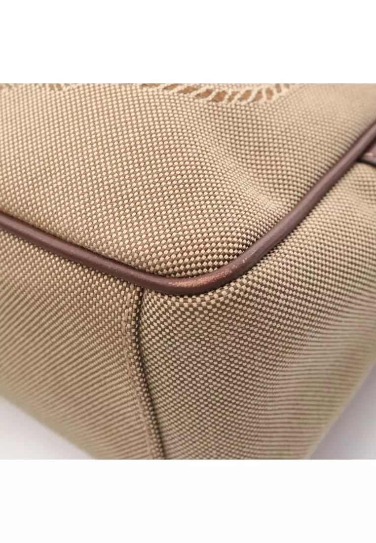 Pre-Loved Prada LOGO JACQUARD logo jacquard Shoulder bag canvas leather beige Dark brown
