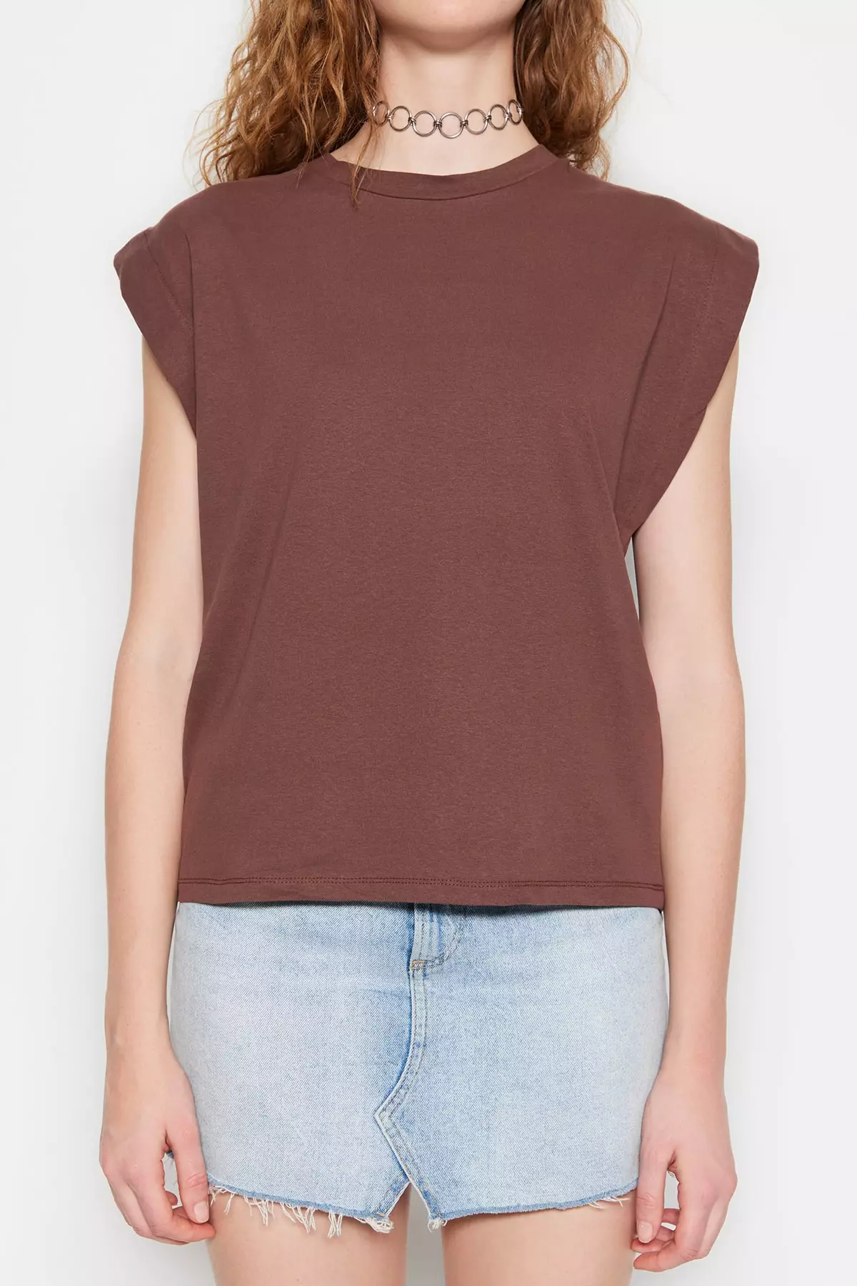 Brown 100% Cotton Wadding Look Basic Crew Neck Knitted T-Shirt Twoss20Ts0021