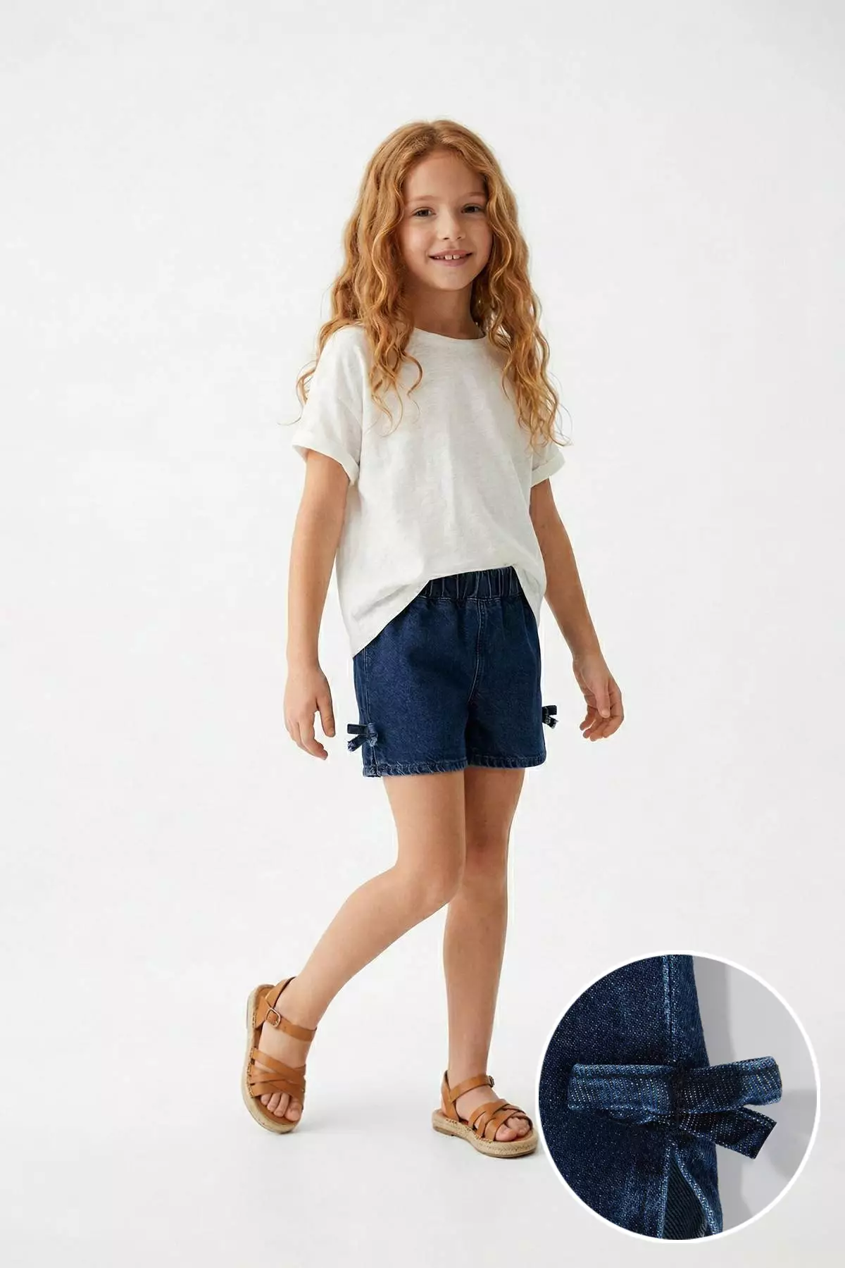 Indigo Girls' Ribbon Detailed Elastic Waist Plain Denim Holiday Shorts & Bermuda Shorts Tkdss26Sr00005