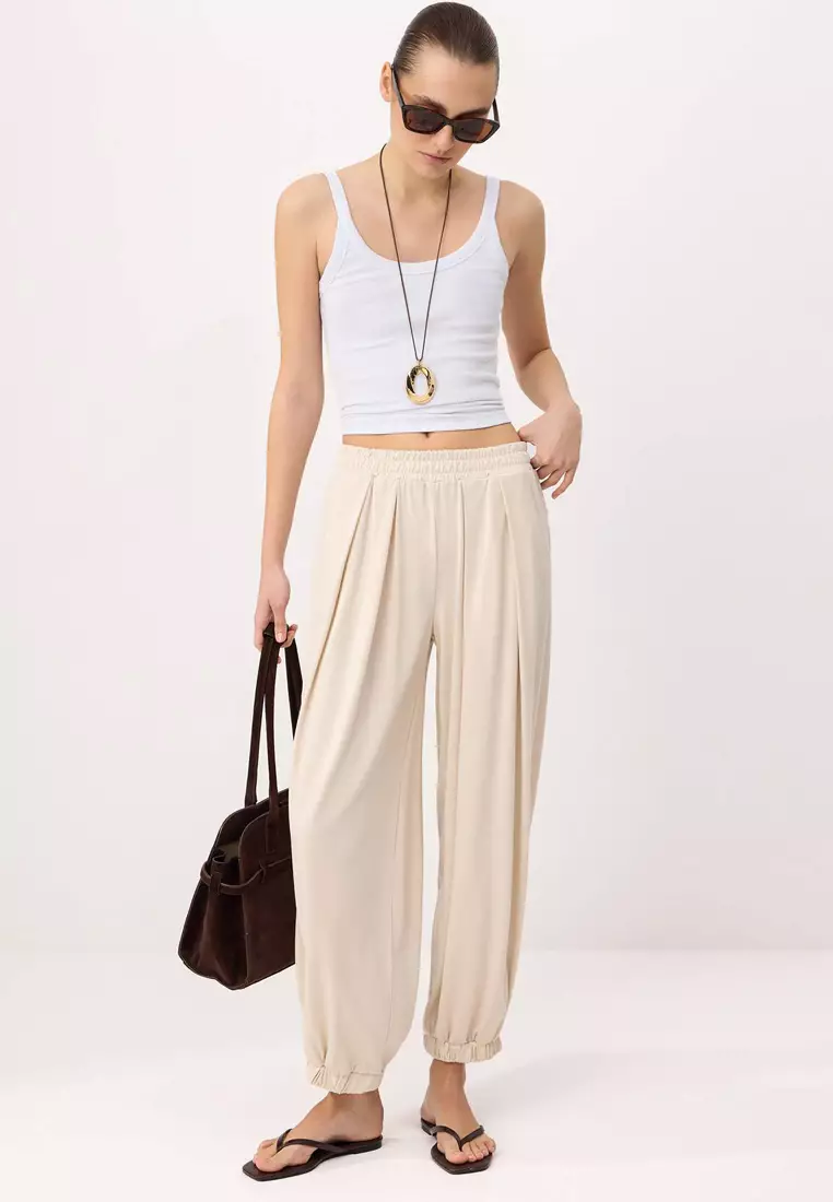 Stone Plain Carrot/Shalwar Ruched Regular Waist Piqué Knitted Trousers Twoss26Pl4