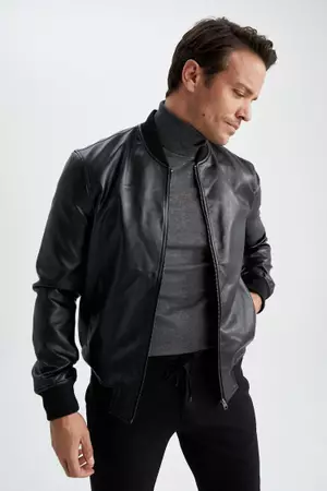 Buy DeFacto Slim Fit College Collar Bomber Lined Faux Leather