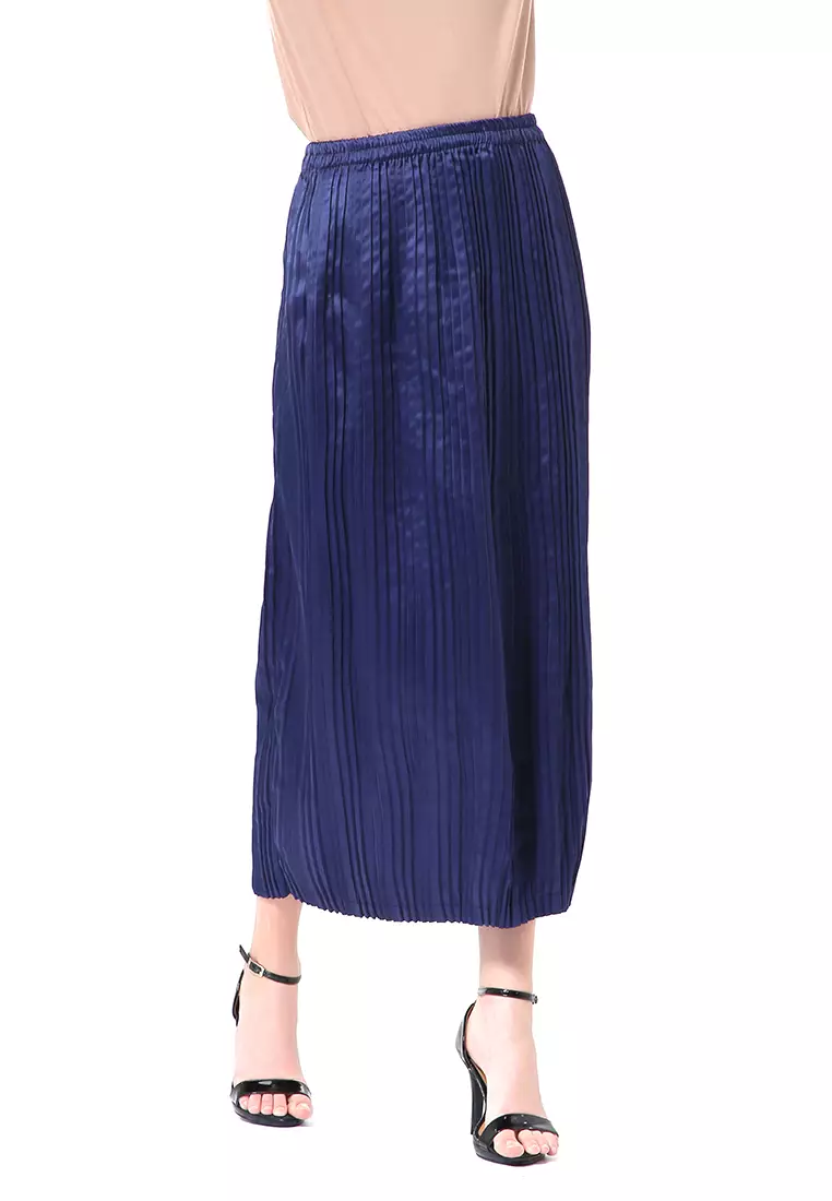 Angely Rok Plisket Rubbery Waist Fashion Wanita Simple - Navy