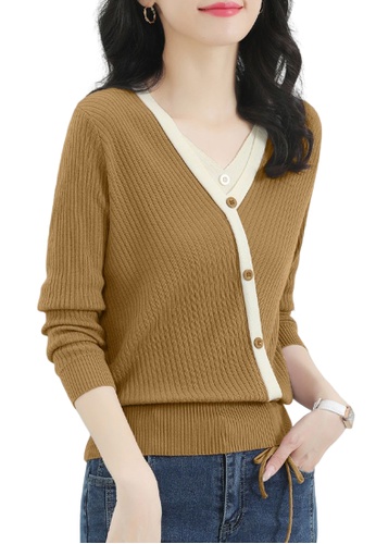 A-IN GIRLS yellow Stylish V-Neck Contrast Color Knitted Sweater 45005AA418B0ACGS_1