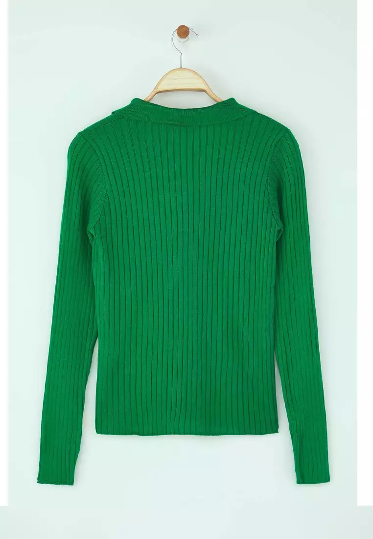 Emerald Green Striped Sleeve Detail Polo Collar Knitwear Sweater Twoaw21Kz1113