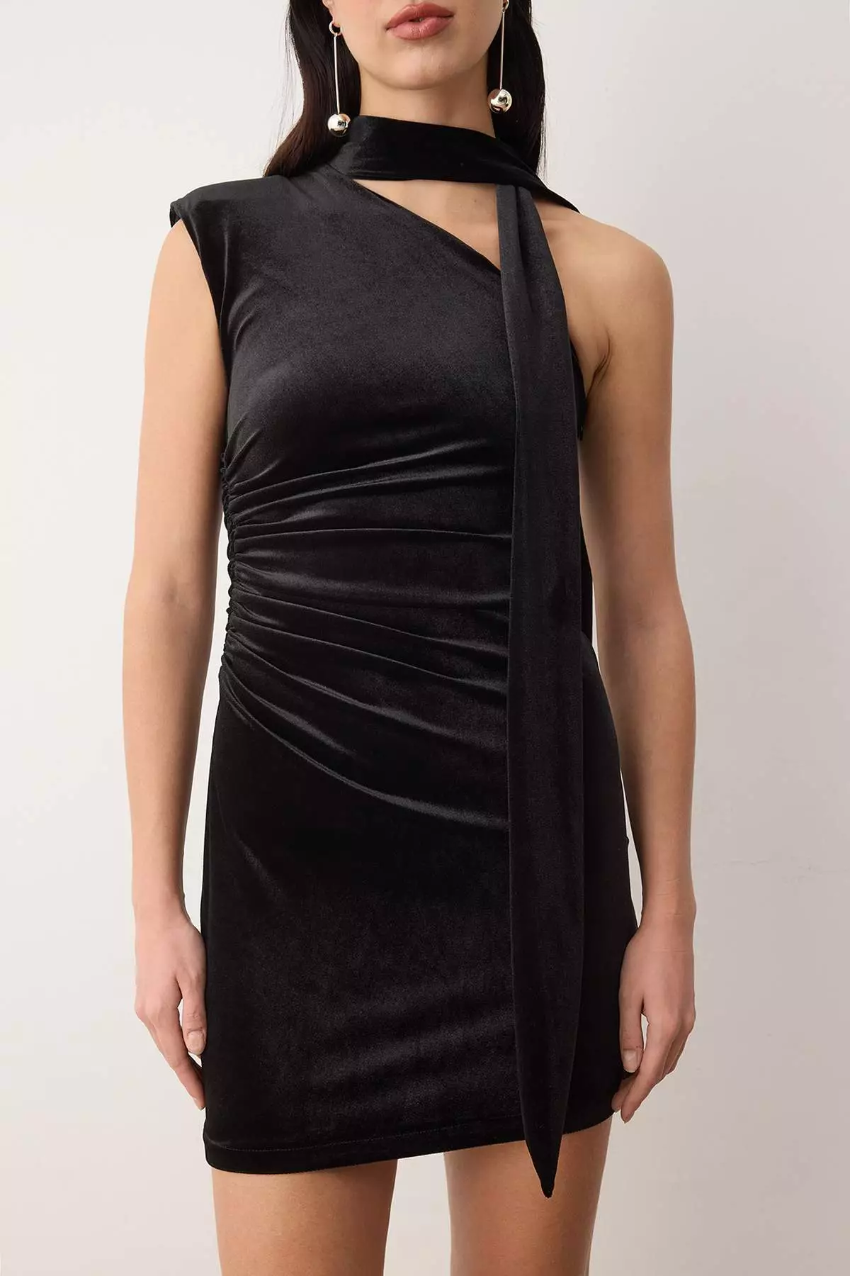 Black Velvet Knitted Stylish/Evening Dress With Scarf Detail