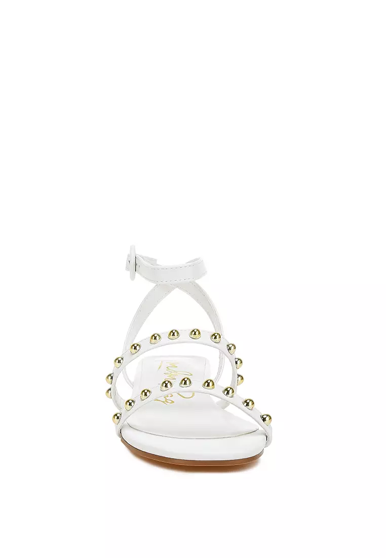 Studded Ankle Strap Flat Sandals in White
