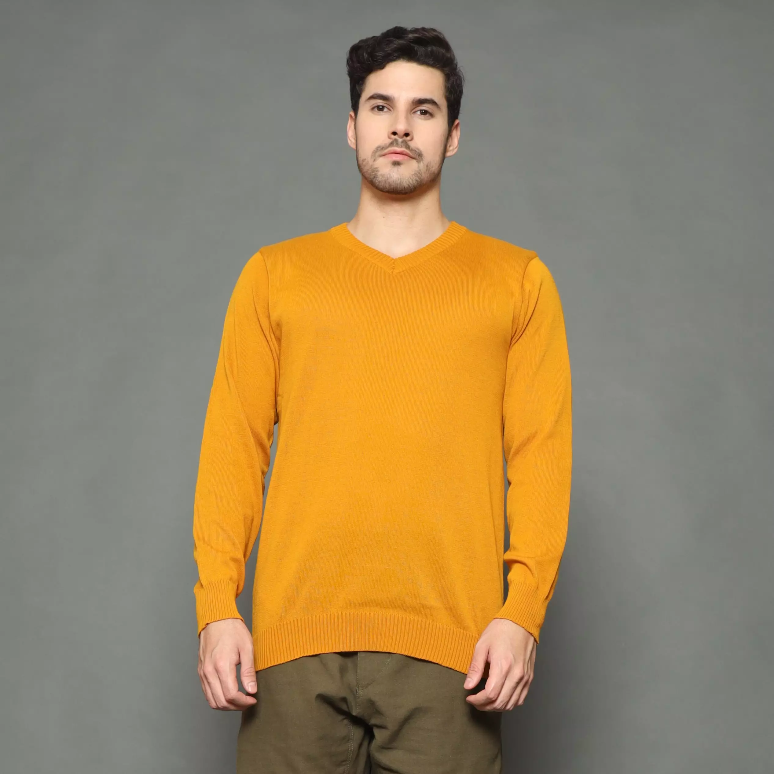  Vleur Knit Outer Pria Korean Style Sweater V Neck - CARAMEL