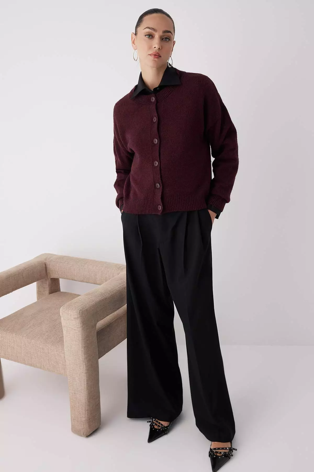 Burgundy Alpaca Wool Blended Wide Fit Knitwear Cardigan