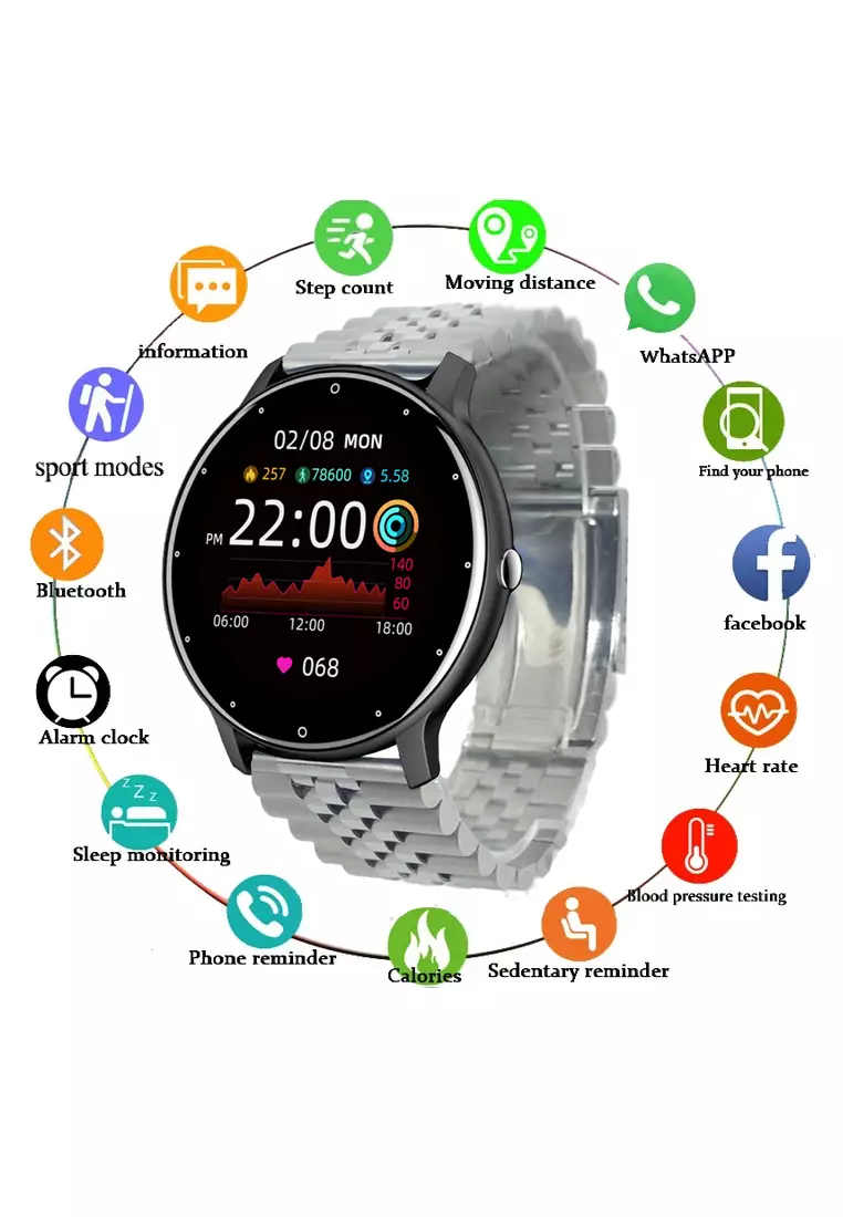 Unisex IOS/Android Black SmartWatch with Stainless Steel Bracelet + 1 Free Black Rubber Strap