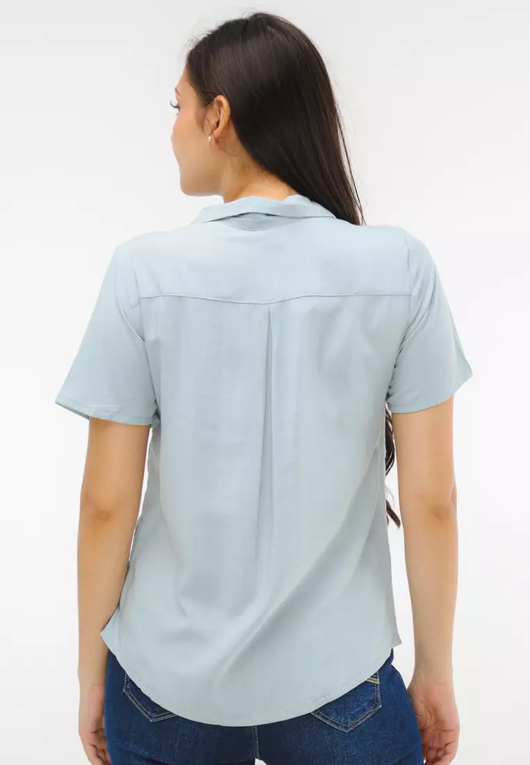 Woven Plain Rayon Short Sleeves Blouse
