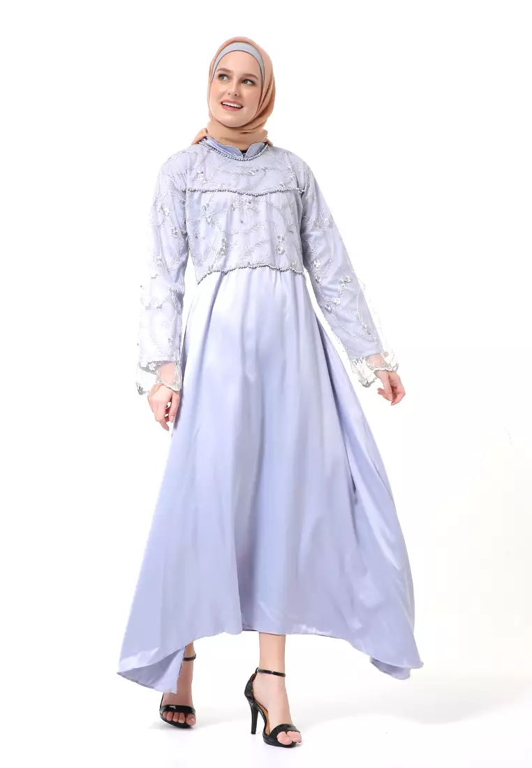 Erica Gamis Dress Muslimah Lengan Panjang Aksen Mutiara Fashion Wanita - Grey