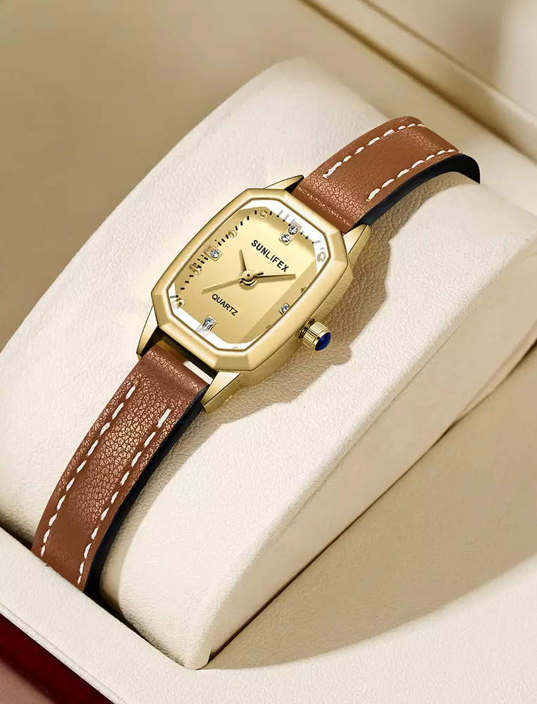 Jam Tangan Wanita Mode Tali Kulit Gaya retro Korea Berlian Jam Tangan Cewek brown white