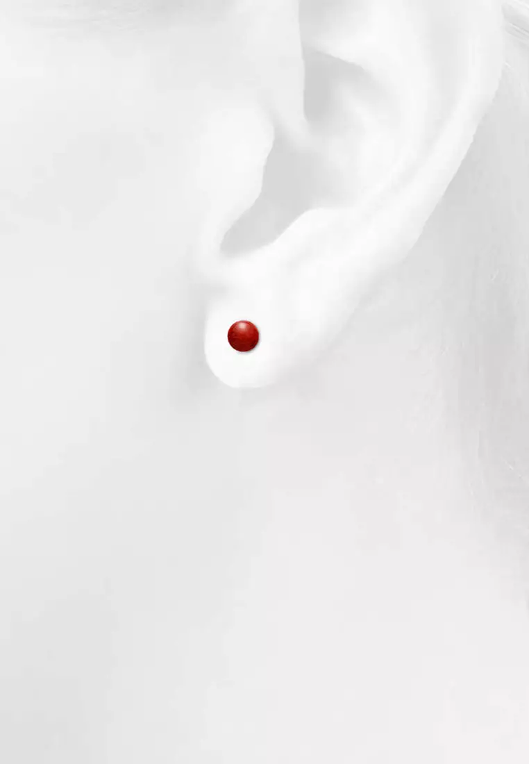 Solid 925 Sterling Silver Sphere Red Coral Stud Earrings