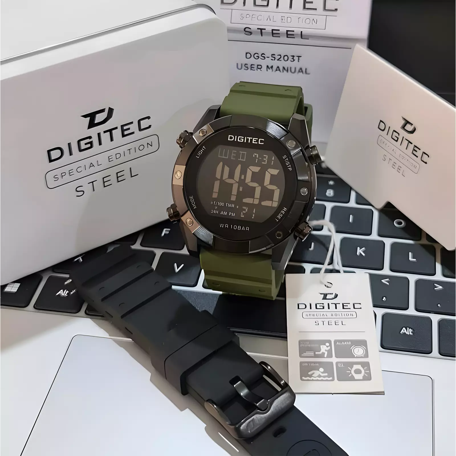 Beli 1 Dapat 2! Jam Tangan DIGITEC DGS-5203T Stainless Steel + Bonus Strap Cadangan! - Black Green GR-4B
