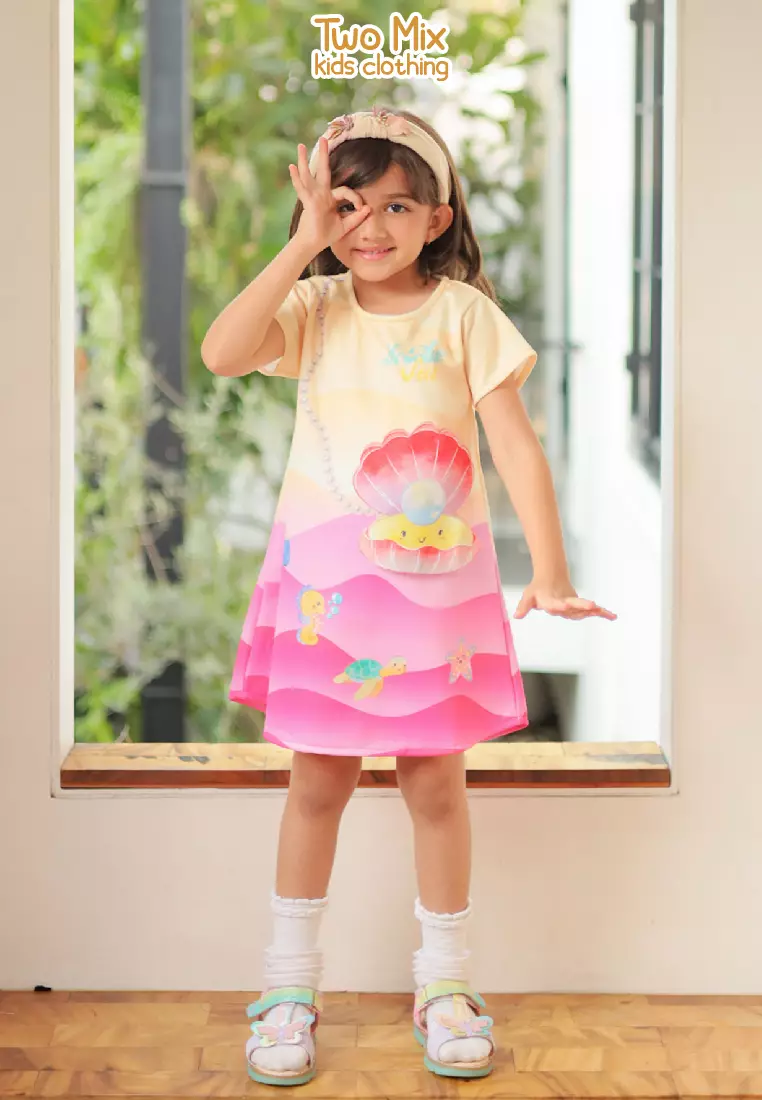Two Mix Baju Dress Anak Perempuan Lucu - Outfit Gaun Anak Cewek Print Sea 1-8 Tahun 4374 Pink