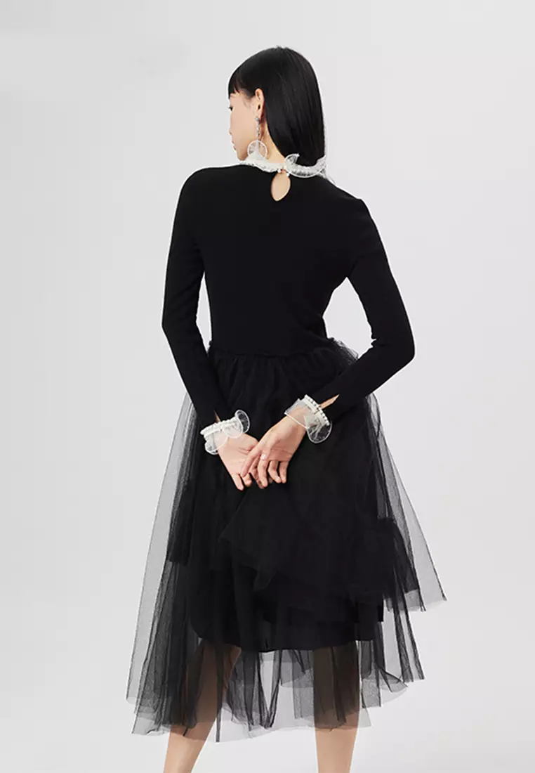 Asymmetric Mesh Spliced Knit Midi Dress