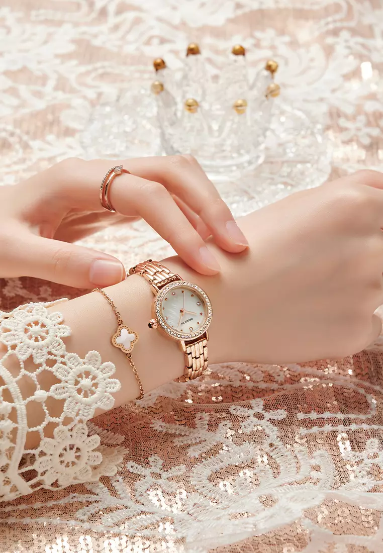 Jam Tangan Wanita Anti Air Anggun Mewah Berlian Jam Kuarsa Jam Tangan Cewek Original rose white