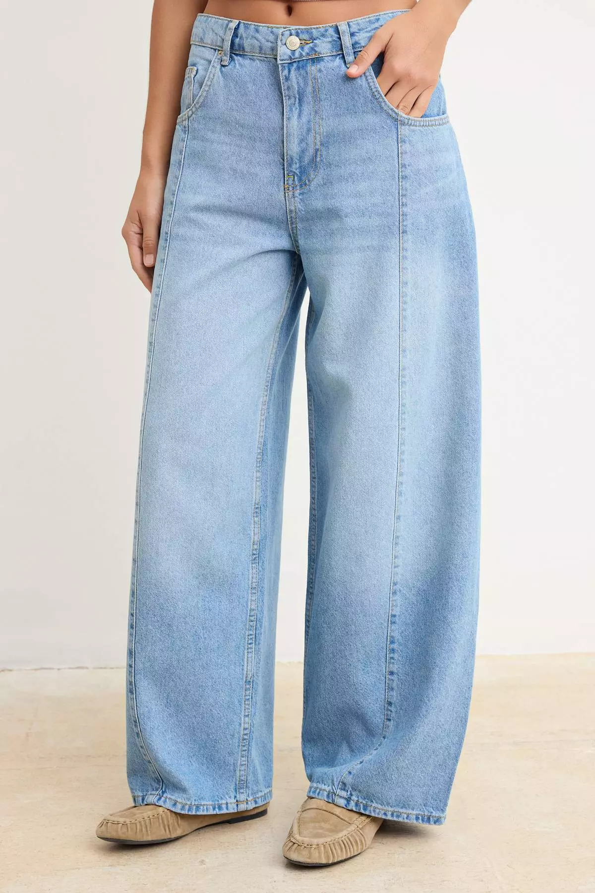 Light Blue Draped High Waist Baggy Jeans With Stitching Detail Twoss26Je8