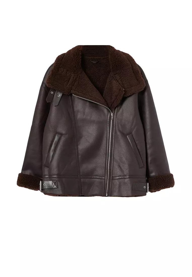 Dark Brown Regular Fit Collar Belt Detailed Plush Suede Biker Jacket Coat Twoaw25Mo00011