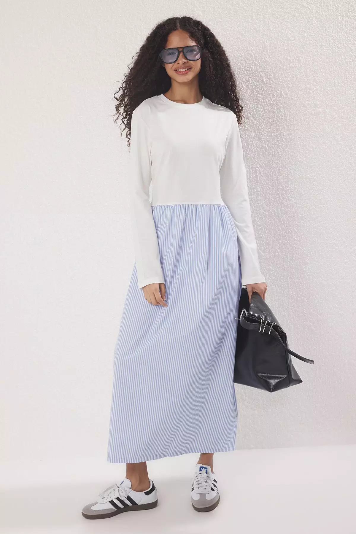 Blue Striped Woven Fabric Skirted Jersey Knit Dress Tctss25Eb00146