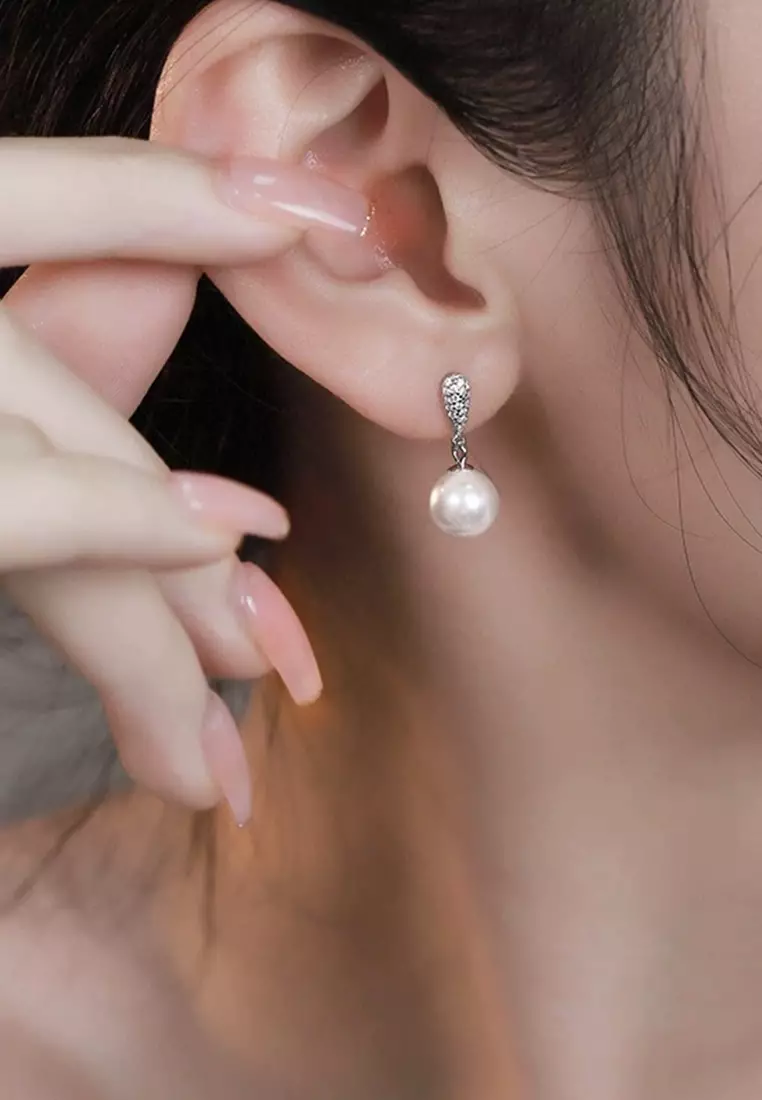 925 Silver Zircon Waterdrop Faux Pearl Earrings JW AR-M05101