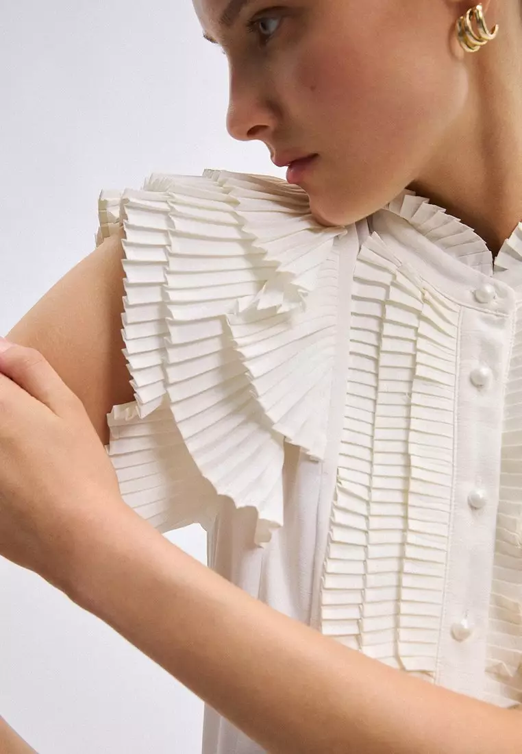 Ruffled Placket Top - White