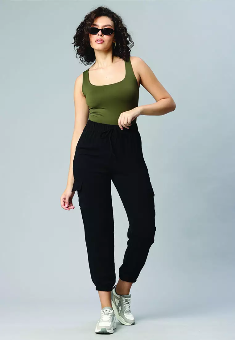 Black High-Rise Cargo Drawstring Pants