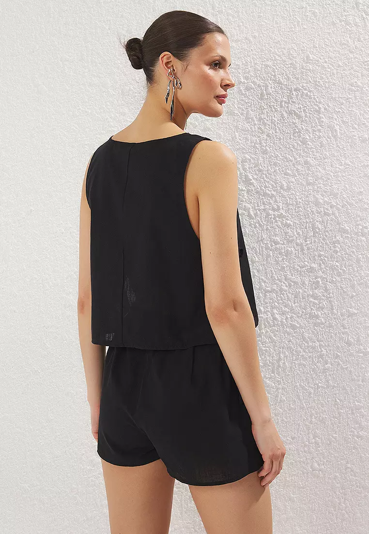 Black Flamed Cotton Blouse Shorts Beach Set