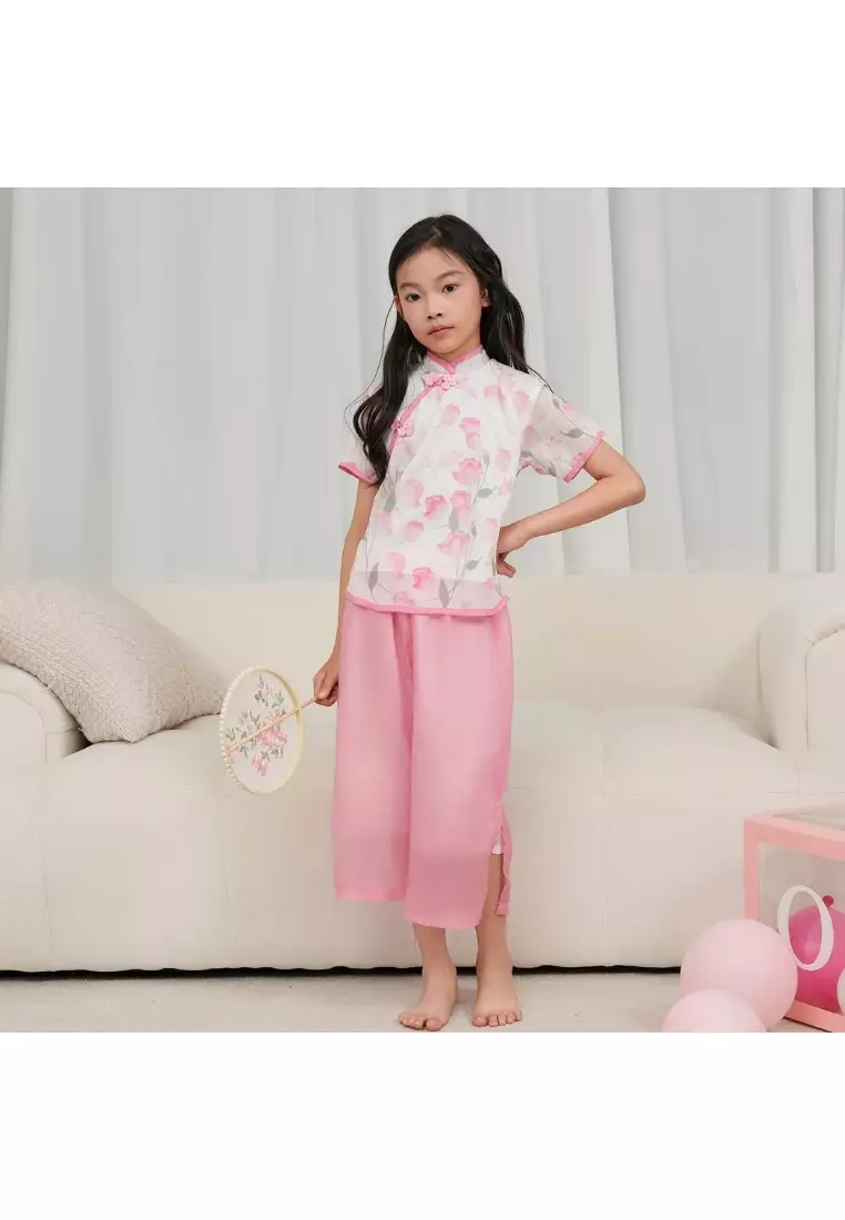 蓮花圖案嬰兒女童旗袍上衣及褲子套装0847
