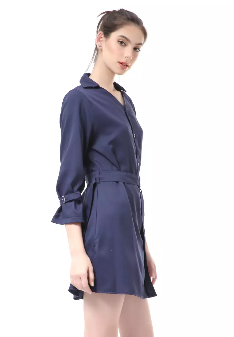 Rachel Dress Wanita Model Kemeja Long Sleeve with Belt Material Mosscrepe ORIGINAL - Navy