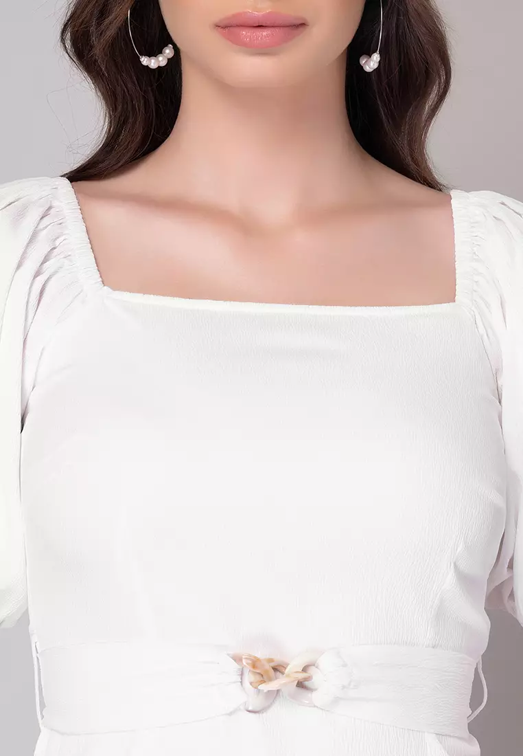 White Puff Sleeve Dress With Belt