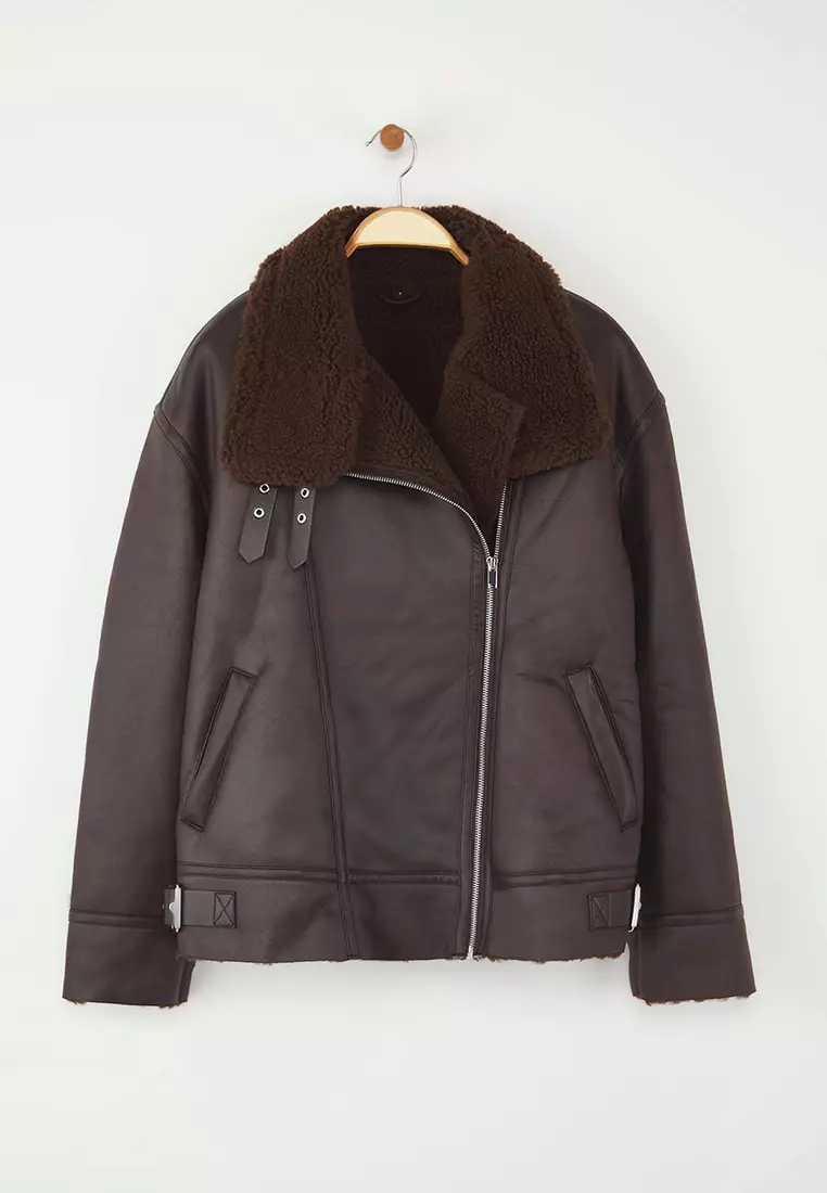 Dark Brown Regular Fit Collar Belt Detailed Plush Suede Biker Jacket Coat Twoaw25Mo00011