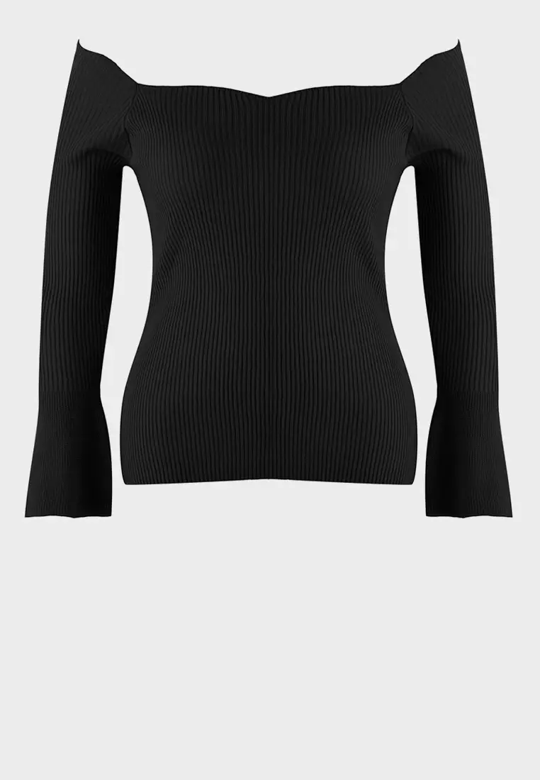 Black Ribbed Carmen Collar Knitwear Sweater Tbbaw26An00031