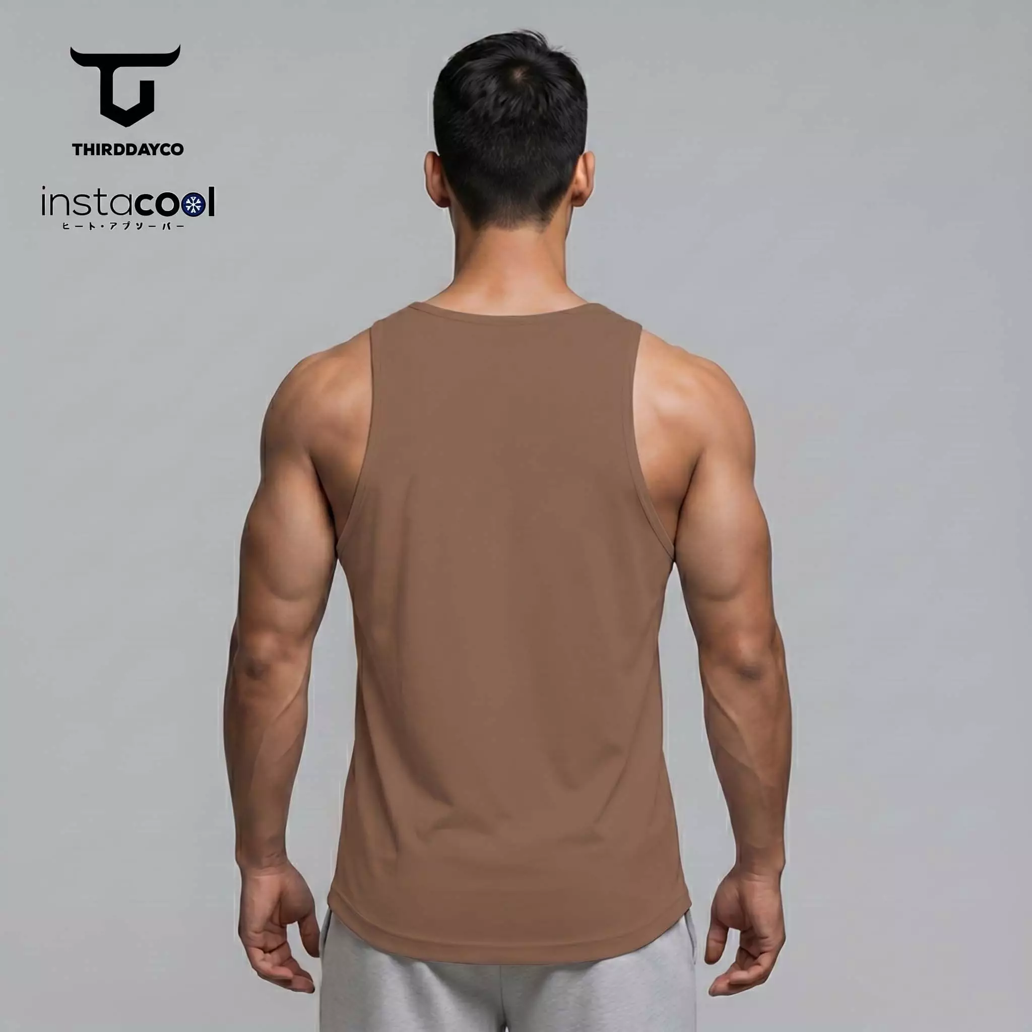 THIRDDAY Kaos Kutung Gym Pria InstaCool | Tanktop Olahraga Adem Dingin Instacool Quick Dry Stretch Fitness Training | hustle coklat SVN MUA64
